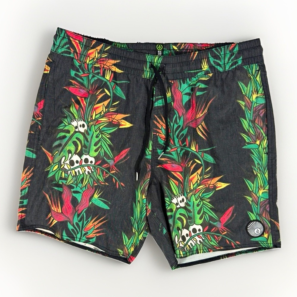 Volcom Men's Board Shorts Black Floral Tropical Beach Swim Bottom Size L